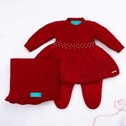 Saída Maternidade Tricot Primeiro Vestidinho com Pérolas Vermelho 03 Peças 